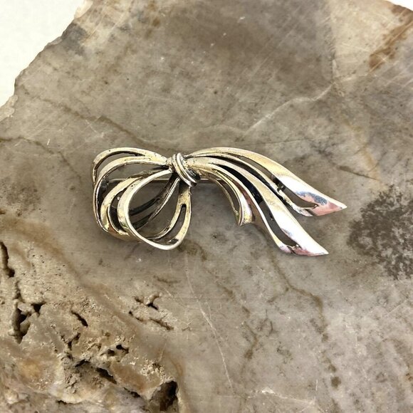 Vintage BEAU Sterling Silver 925 Ribbon Bow Brooch Pin Vintage Brooch - Picture 8 of 16